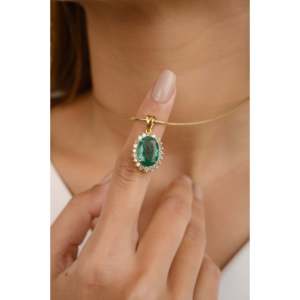 14K <b>Solid</b> <b>Gold</b> Oval Emerald Halo Diamond <b>Pendant</b> with Pear Cut Accents - Product Image 4