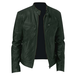 <b>Men</b> <b>Black</b> PU Leather Moto Jacket Stand Collar Zipper Closure Slim Fit Regular Length Solid Color Winter Wear - Product Image 2