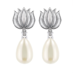 German Silver <b>Lotus</b> Jhumka Drop Earrings with <b>Pearl</b> and Diamond for Wedding Gift - Product Image 2