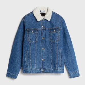 <b>Men's</b> Blue Classic Fit Denim <b>Jacket</b> with <b>White</b> Sherpa Collar Button Up Trucker Style Jean <b>Jacket</b> OEM Wholesale Factory Supply - Product Image 1