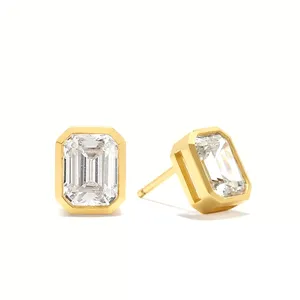 14k Yellow Gold Solitaire <b>Studs</b> Earrings 1.20 Ct <b>Emerald</b> Cut Lab Grown Diamond - Product Image 1