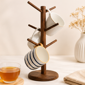 Porte-tasses moderne en bois massif de qualité supérieure avec 6 crochets, support écologique pour tasses à café, pour comptoir de cuisine - Product Image 2