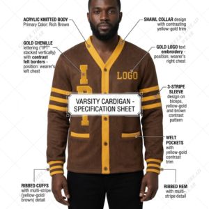 Cárdigan de punto para hombre Iota Phi al por mayor, bordado con ribete marrón/amarillo, manga larga, transpirable, chaqueta de fraternidad griega - Product Image 3