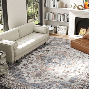 Tapis d'intérieur vintage à poils moyens, lavable en machine, 8x10, antidérapant, pour salon, chambre, salle à manger, marron, bleu clair - Product Image 2