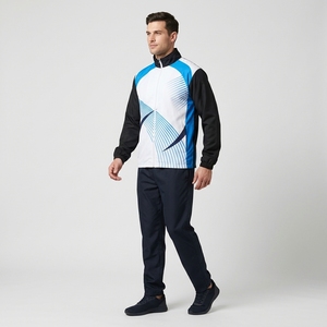 Conjunto Deportivo para Hombre, Personalizado, Blanco, Azul y Negro, Chaqueta Deportiva con Cremallera Completa y Pantalones de Pierna Recta, Estampado de Líneas Onduladas, Ropa Deportiva para Equipo - Product Image 3