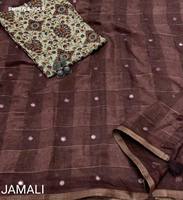 Sari en lin de qualité exceptionnelle avec des motifs tissés Zari et des broderies miroir sur toute la surface, fournisseur de Surat.