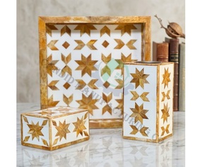 Ensemble d'encensoirs en bois de santal faits à la main, durables, avec incrustation de motifs étoilés, boîte et plateau décoratifs blancs et dorés pour usage religieux - Product Image 1