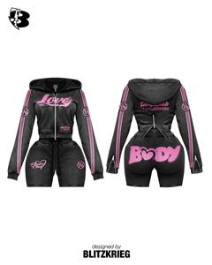 Women 2 Piece Tracksuit Set | <b>Zip</b> <b>Up</b> Hoodie and Shorts | Ladies Streetwear Graphic Print OEM Custom Logo - Product Image 5