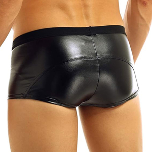 <b>Mens</b> Black Faux <b>Leather</b> Boxer Briefs Mid Rise Zipper Fly Solid Pattern <b>Underwear</b> Soft Premium Black Adults Waist Logo <b>Underwear</b> - Product Image 2