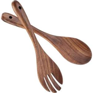 Ensemble d'ustensiles de cuisine en bois durable : fourchette et cuillère à salade à long manche, idéal pour mélanger et servir - Product Image 1
