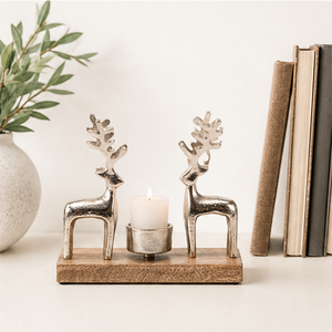 Handmade Silver Metal Reindeer Tealight Candle Holder With Natural Mango Wood Base For Christmas Home Decoration & Festive Table - Product Image 3