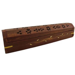 Caja de Incienso de Madera Hecha a Mano con Incrustaciones de Flores de Latón y Tapa Tallada - Product Image 2