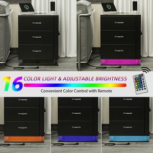Black Left <b>Side</b> 3-<b>Drawer</b> Bedside <b>Table</b> Nightstand RGB LED Charging Station with USB Ports Bedroom Furniture - Product Image 6