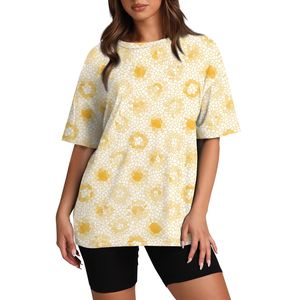 T-shirt pour femme à imprimé géométrique, coupe ample, col rond, manches courtes, décontracté, printemps-été, respirant, en polyester tricoté - Product Image 1