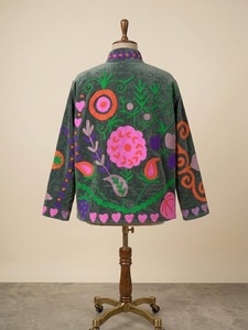 Elegant <b>Velvet</b> Embroidered Cotton Knitted Bomber <b>Jacket</b> <b>Women</b> Stand Collar Floral Handmade Ethnic Boho Autumn Quick Dry Full - Product Image 4