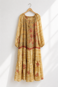 Robe longue d'été pour femme, taille unique, manches longues, en crêpe de soie, imprimé floral, style bohème, col en V, coupe ample, décontractée, pour soirée - Product Image 4