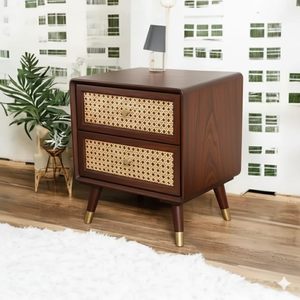Mesa de Noche de Madera Maciza con Cajones de Ratán, Estilo Mid-Century, para Sala de Estar o Dormitorio - Product Image 3