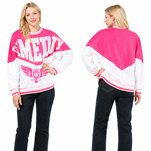 Women Pink White Color Block Oversized Sweatshirt SMEDY Letter Print Casual Pullover Long Sleeve Crewneck Streetwear Victory <b>Kit</b> - Product Image 1