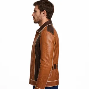 Chaqueta de Cuero para Hombre, Cuello Alto, Cierre de Cremallera, Cintura Ajustada con Cinturón, Bolsillos, Abrigo de Invierno - Product Image 3