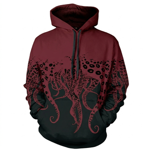 MANUFACTURER Sweat à capuche pour homme personnalisé, imprimé pieuvre, bordeaux et noir, respirant, séchage rapide, solide, pour l'hiver, décontracté, pull-over - Product Image 1