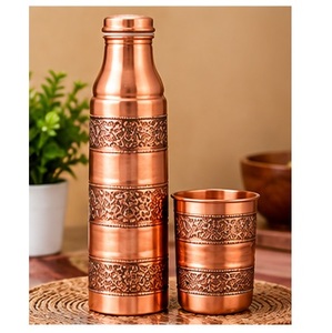 Artisan Copper <b>Water</b> <b>Bottle</b> Set with Cup Handcrafted Floral Design Bohemian <b>Metal</b> Flask Drinkware - Product Image 6