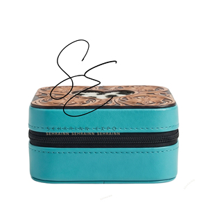 <b>Mini</b> Jewelry <b>Storage</b> <b>Box</b> with Turquoise Hair On Hide Heart Tooled Leather Portable Zipper <b>Box</b> Jewelry Organizer Case with Mirror - Product Image 4