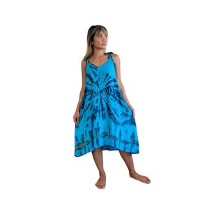 Women Boho Midi Dress Rayon Fabric Tie Dye Print Sleeveless V Neck Blue Black Loose Fit Dress For Summer - Product Image 3
