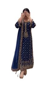 Completo Salwar Kameez Blu Navy Ricamato con Lavorazione Pesante in Filo Zari, Kurta e Dupatta, per Feste Estive e Matrimoni, Etnico, Completamente Cucito - Product Image 5