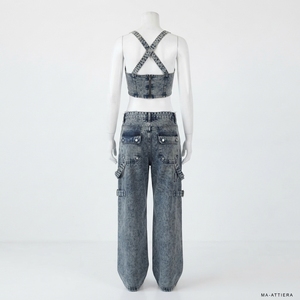 Women Denim Crop Top And Cargo Jeans Set Strappy Bustier Top Buckle Detail Wide Leg Utility <b>Pants</b> Two Piece Outfit - Product Image 4