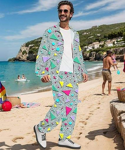 Conjunto Deportivo de 2 Piezas para Hombre, Estampado Geométrico, Estilo Urbano, Poliéster y Nailon, Corte Regular, Cuello Camisero, Ropa Casual de Primavera - Product Image 4