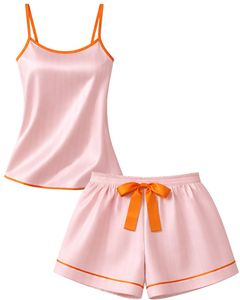 Light Pink Orange Satin Women Pajama Set Silk Sleepwear <b>Spaghetti</b> <b>Strap</b> Cami And Shorts Soft Luxury Nightwear Summer Lounge Set - Product Image 1