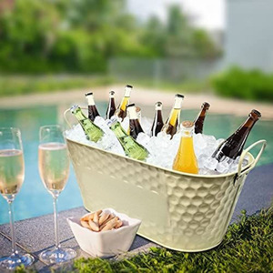 Modern Cream Hammered Oval Galvanized Steel <b>Ice</b> Bucket With Wire Side Handles Powder Coated Metal Party Beer Beverage Tub Supply - Product Image 3