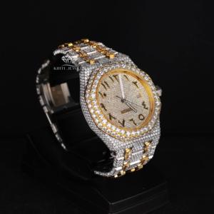 Reloj de Lujo con Esfera Árabe Completamente Adornada con Diamantes Moissanite, en Dos Tonos Amarillo y Blanco, Estilo Hip Hop, de Acero Inoxidable, Personalizado para Hombre - Product Image 3