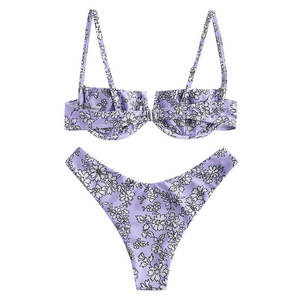 Ensemble de bikini bandeau pour femme, écologique, en crochet, imprimé floral violet, avec bas de bikini à volants, extensible, deux pièces - Product Image 2