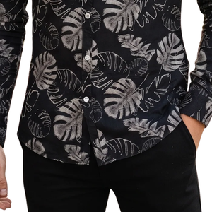 <b>Black</b> Grey Tropical Leaf Printed <b>Mens</b> Long Sleeve <b>Shirt</b> Button Down <b>Slim</b> <b>Fit</b> Casual Fashion <b>Shirt</b> for Party Holiday Daily Wear - Product Image 5