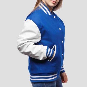 Blouson Bomber Varsity Premium pour Femme en Laine et Cuir – Corps en Laine, Manches en Cuir, Poignets Côtelés et Boutons-Pression - Product Image 6