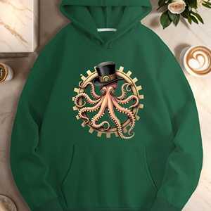 Sweats tricotés décontractés à capuche imprimés de pieuvre d'inspiration steampunk pour femmes - Product Image 1