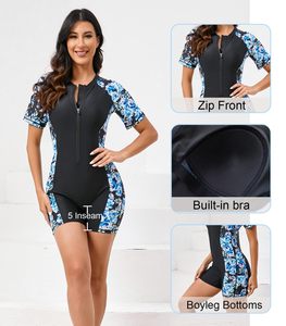 Women's Front Zipper Sexy Swimwear Surf Swimwear Outfit Short Sleeve <b>Rash</b> <b>Guard</b> One Piece <b>Swimsuit</b> Plus Size - Product Image 3