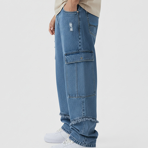 High Quality Autumn Winter <b>Embroidered</b> Vintage Hip Hop Light Blue Stone Washed Streetwear Men's <b>Jeans</b> Straight Leg Side Hip - Product Image 5