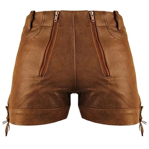 Shorts en cuir marron pour homme, taille haute, avec fermeture éclair et poches latérales, style décontracté, longueur courte - Product Image 6