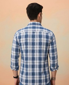 Chemise décontractée pour homme à rayures bleues et blanches, manches longues, en flanelle, double boutonnage, col rabattu, respirante, style été, tissée 100% - Product Image 2