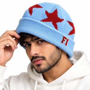 Bonnet en tricot à motif étoile de haute qualité pour hommes, bonnet d'hiver à revers, casquette en tricot côtelé extensible, chapeau personnalisé avec broderie, fournisseur B2B en gros - Product Image 1