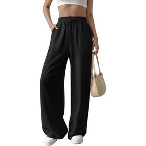 Pantalones informales de pierna ancha de cintura alta para mujer 2025 con cordón ajustable, Salón suave y transpirable para vacaciones en la playa de verano - Product Image 3