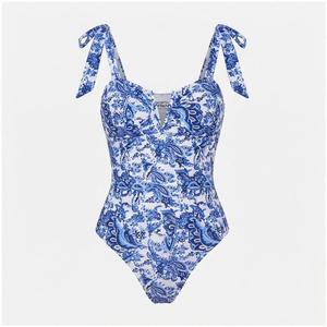 Traje de baño de 2 piezas para mujer, estampado floral azul, cuello cuadrado, tirantes halter, body elástico push-up, parte inferior de corte alto, relleno extraíble - Product Image 1