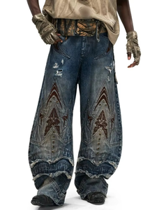 High Quality Custom Embroidery Grommets Ripped Distress Zippers Wide Leg Fit Streetwear Hiphop Cotton OEM ODM Men's Denim <b>Jeans</b> - Product Image 5