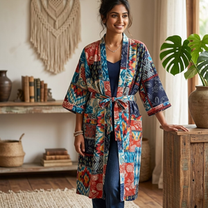 Kimono de algodón estilo boho con patchwork para mujer, manga larga, estampado multicolor, con cinturón, ropa de estar por casa, hecho a mano, cubrebaño de algodón. - Product Image 2