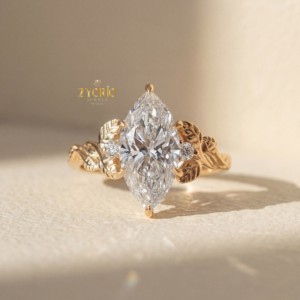 แหวนหมั้นเพชรทรงมาร์คีส์ 14K ทองคำ ประดับเพชรเลี้ยงในห้องปฏิบัติการสามเม็ด ดีไซน์ใบไม้ แรงบันดาลใจจากธรรมชาติ เครื่องประดับแต่งงานสุดหรูสำหรับผู้หญิง - Product Image 3