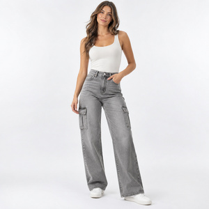 Jeans Cargo Elásticos de Cintura Alta para Mujer - Pantalones de Mezclilla Grises Cómodos, Corte Holgado, Desgastados, Tallas XS-XL - Product Image 5