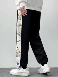 Men's Black Mid Elastic Waist Sweatpants with <b>White</b> Side Stripe Straight Printed Pattern Casual Fit Winter Wear - Product Image 3
