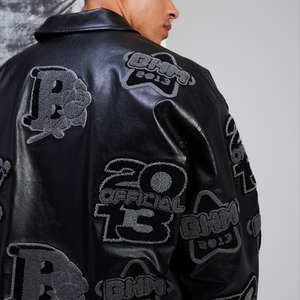 Veste zippée en cuir véritable pour homme, style Letterman, avec patchs brodés en chenille personnalisés, design crânes, col rabattu, style moto - Product Image 5